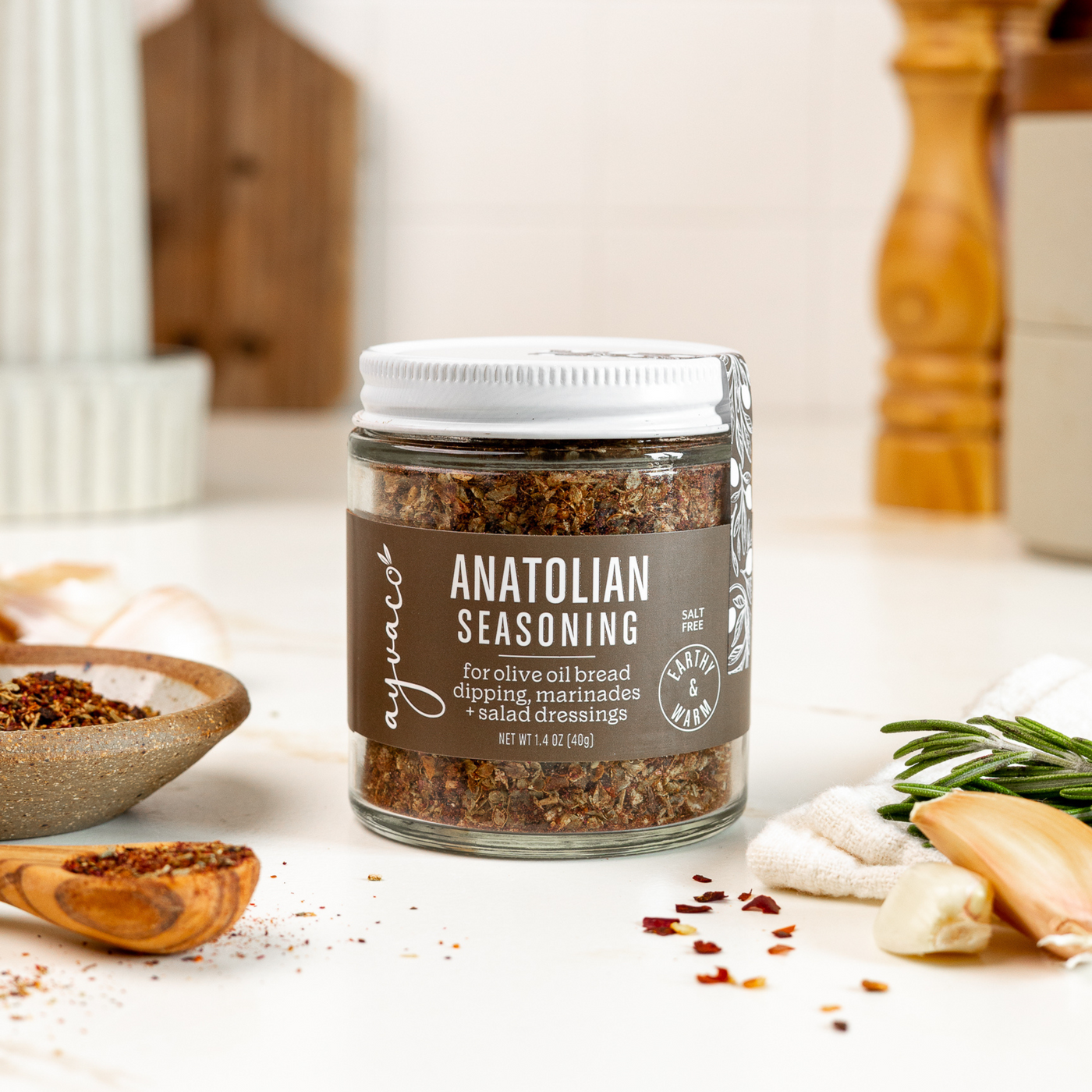 Product image of Ayvaco Anatolian Seasoning Jar with seasoning, herbs, and garlic.