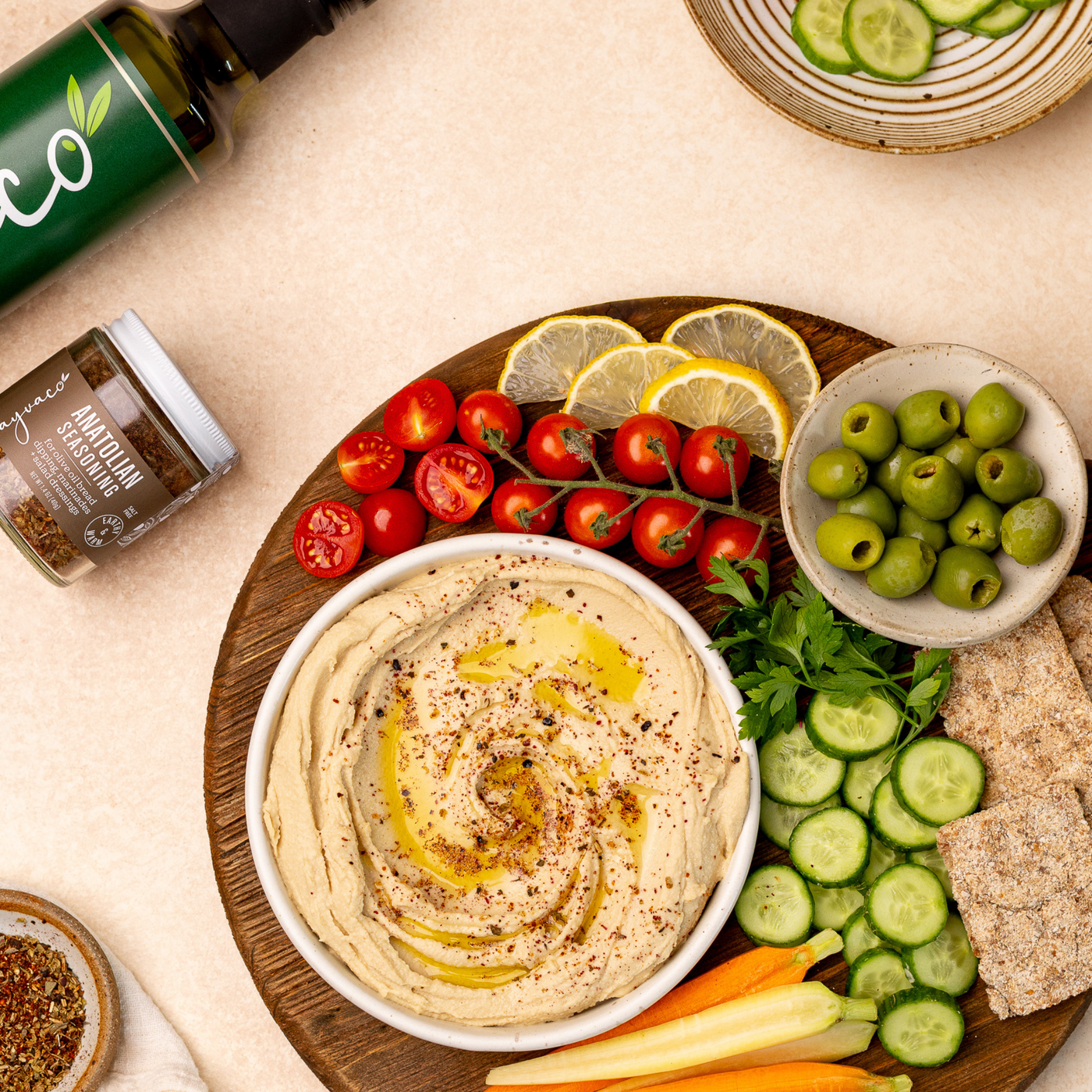 hummus dip with seasoning and olive oil