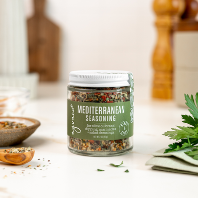 Product image of Ayvaco Mediterranean Seasoning  jar with seasoning and herbs.